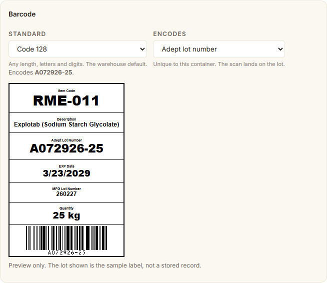 adept material label barcode